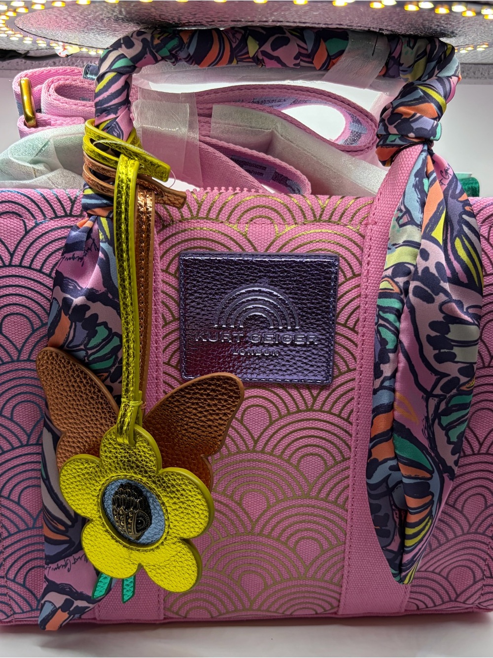Kurt Geiger Pink Patterned Tote with Multicolor Scarf Handles and Flower Charm